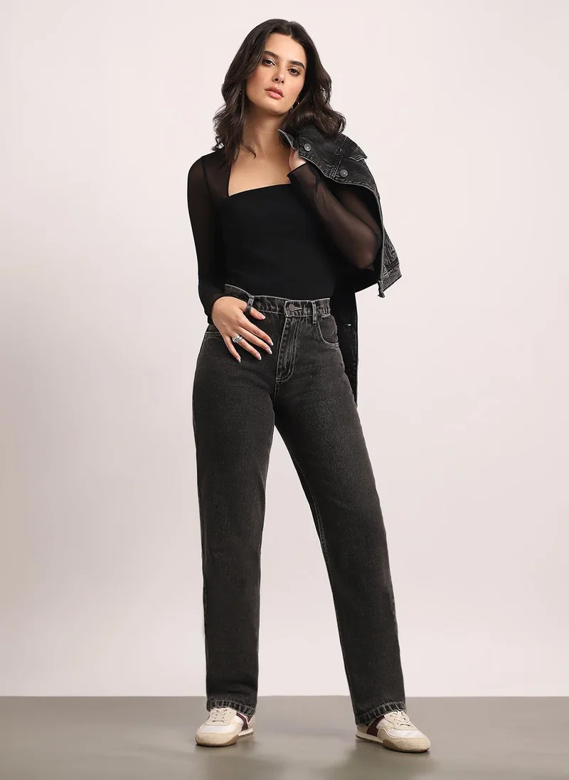 Urbano Fashion  Urbano Fashion Women's Grey High Rise Straight Fit Washed Jeans Non-Stretchable for Women | Best Price UAE